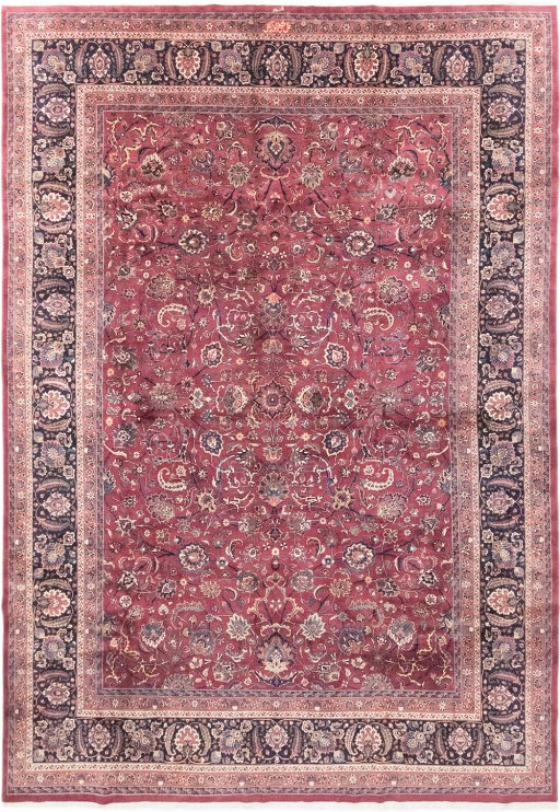 Full view of 1960s Mashad rug from Iran / Persia, 500 × 353 cm in Red tones