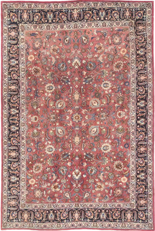 Full view of 1960s Mashad rug from Iran / Persia, 300 × 200 cm in Red tones