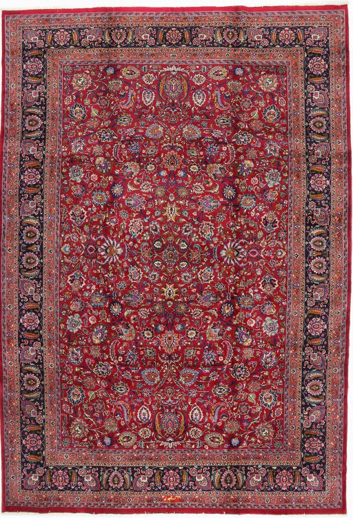 Full view of 1960s Mashad rug from Iran / Persia, 500 × 345 cm in Dark red tones
