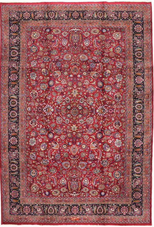 Full view of 1960s Mashad rug from Iran / Persia, 482 × 301 cm in Dark red tones
