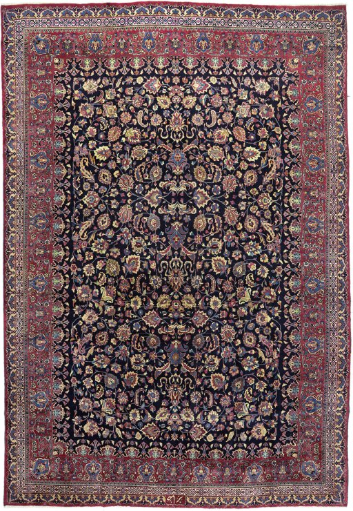 Full view of 1960s Mashad rug from Iran / Persia, 498 × 335 cm in Dark blue tones