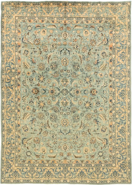 Full view of 1980s Mashad rug from Iran / Persia, 417 × 295 cm in Green tones