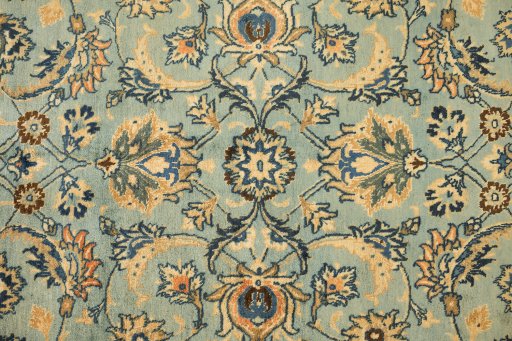 Full view of 1980s Mashad rug from Iran / Persia, 417 × 295 cm in Green tones