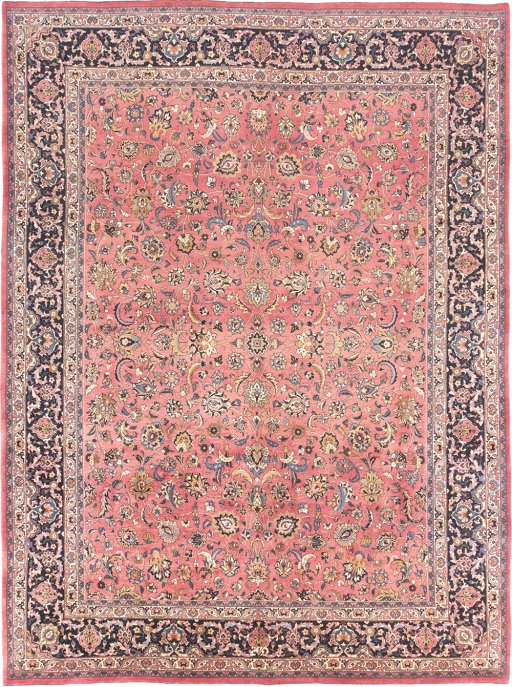 Full view of 1960s Mashad rug from Iran / Persia, 406 × 307 cm in Red tones