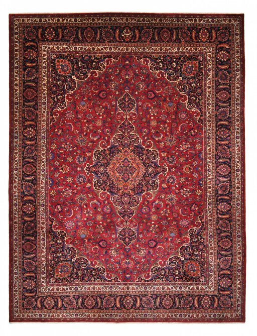 Full view of 1950s Mashad rug from Iran / Persia, 385 × 290 cm in Red tones