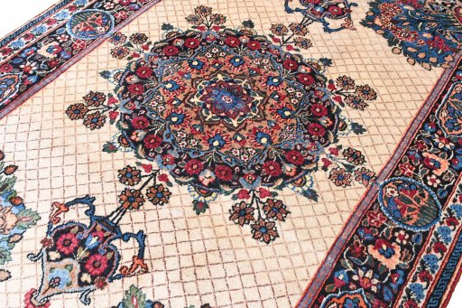 Close-up detail of 1950s Mashad rug from Iran / Persia showing Wool weave