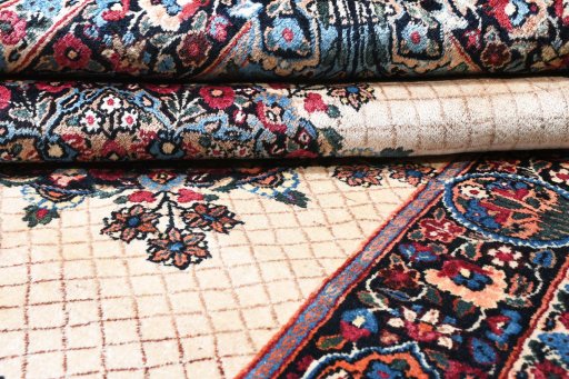 Close-up detail of 1950s Mashad rug from Iran / Persia showing Wool weave