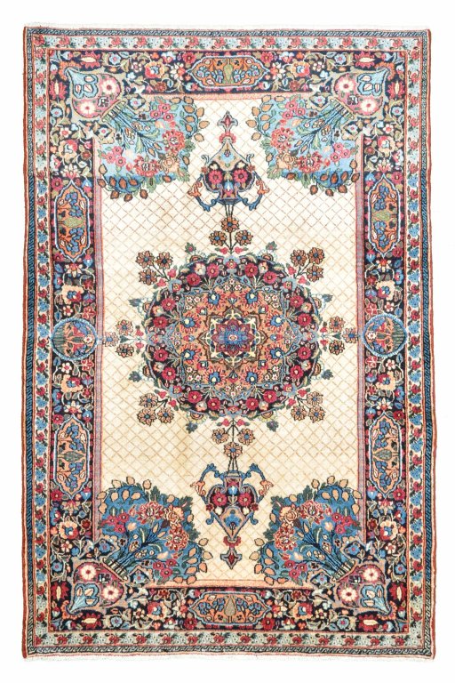 Full view of 1950s Mashad rug from Iran / Persia, 198 × 129 cm in Beige tones