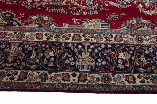 Close-up detail of 1970s Mashad rug from Iran / Persia showing Wool weave