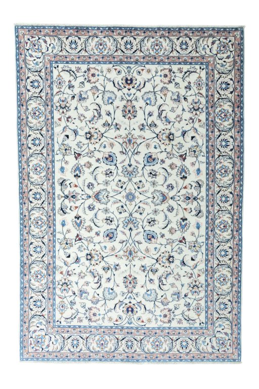 Full view of New Mashad rug from Iran / Persia, 291 × 196 cm in Beige tones