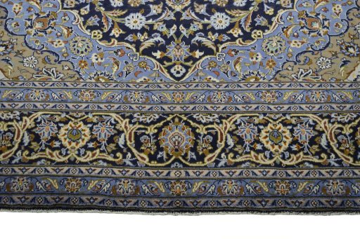Full view of 2000s Mashad rug from Iran / Persia, 385 × 295 cm in Blue tones