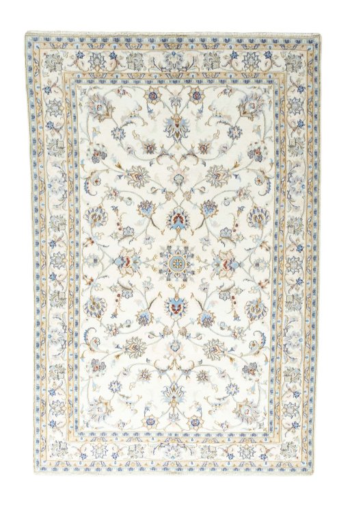Full view of New Mashad rug from Iran / Persia, 294 × 195 cm in Beige tones