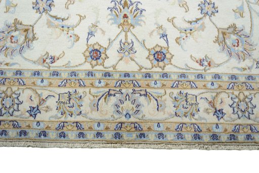 Full view of New Mashad rug from Iran / Persia, 294 × 195 cm in Beige tones