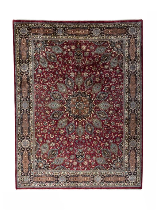 Full view of 2000s Mashad rug from Iran / Persia, 432 × 328 cm in Red tones