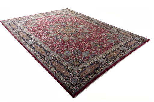 Close-up detail of 2000s Mashad rug from Iran / Persia showing Wool weave
