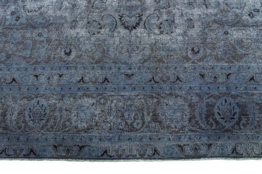 Full view of 1950s Mashad rug from Iran / Persia, 374 × 282 cm in Blue tones