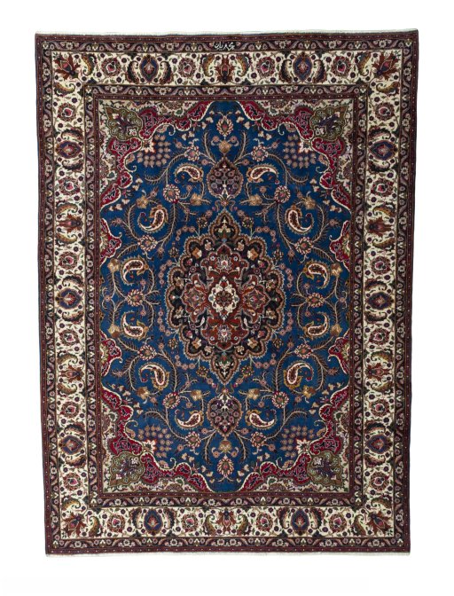 Full view of 2000s Mashad rug from Iran / Persia, 340 × 246 cm in Blue tones