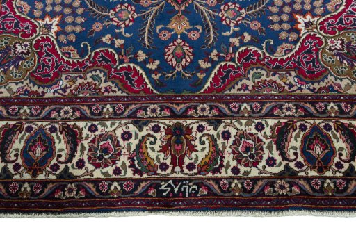 Full view of 2000s Mashad rug from Iran / Persia, 340 × 246 cm in Blue tones