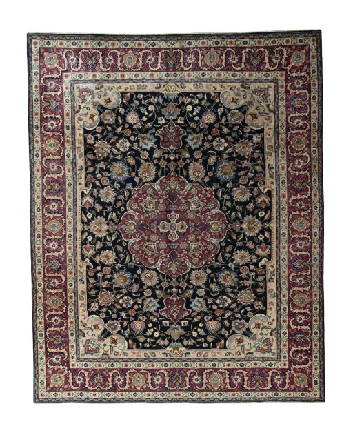 Full view of 1970s Mashad rug from Iran / Persia, 385 × 308 cm in Blue tones
