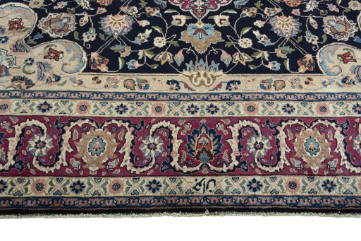 Full view of 1970s Mashad rug from Iran / Persia, 385 × 308 cm in Blue tones