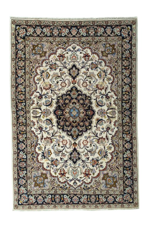 Full view of 2000s Mashad rug from Iran / Persia, 207 × 140 cm in Beige tones