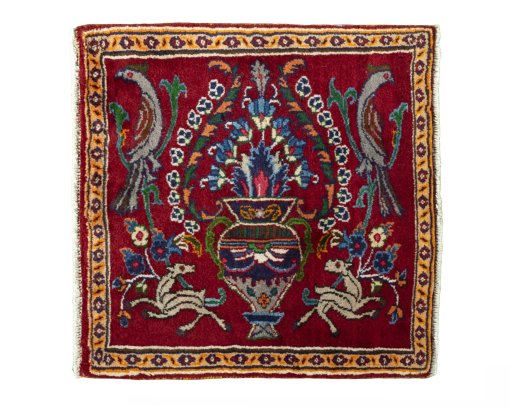 Full view of 2000s Mashad rug from Iran / Persia, 63 × 62 cm in Red tones