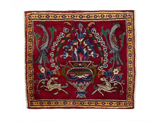 Full view of 2000s Mashad rug from Iran / Persia, 64 × 57 cm in Red tones