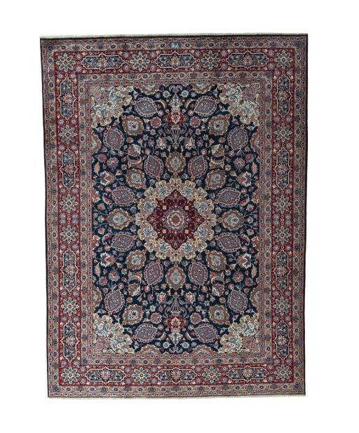 Full view of 1970s Mashad rug from Iran / Persia, 343 × 248 cm in Blue tones