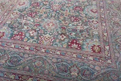 Close-up detail of 1950s Mashad rug from Iran / Persia showing Wool weave