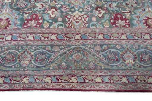 Full view of 1950s Mashad rug from Iran / Persia, 490 × 315 cm in Blue tones
