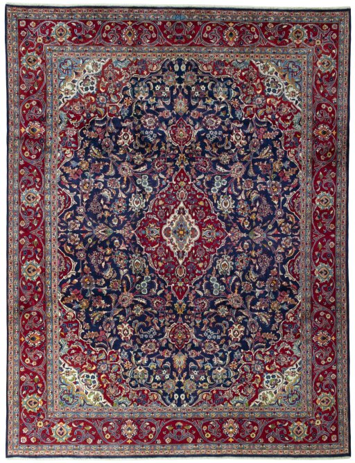 Full view of 2000s Mashad rug from Iran / Persia, 395 × 300 cm in Blue tones