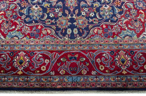 Full view of 2000s Mashad rug from Iran / Persia, 395 × 300 cm in Blue tones