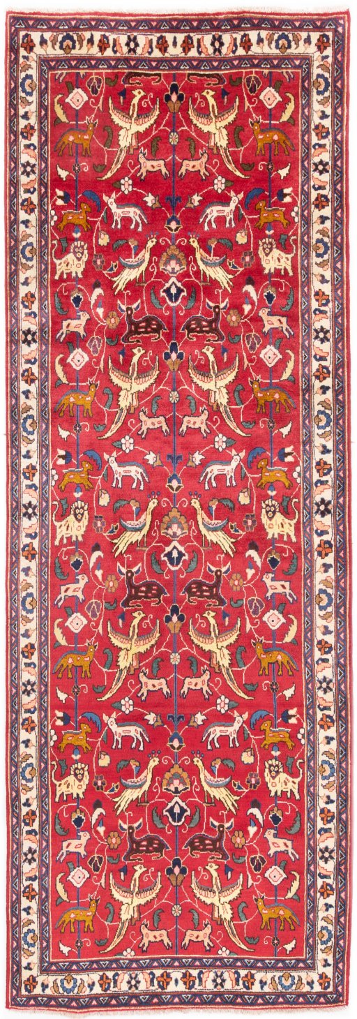 Full view of 1990s Mashad rug from Iran / Persia, 292 × 102 cm in Red tones