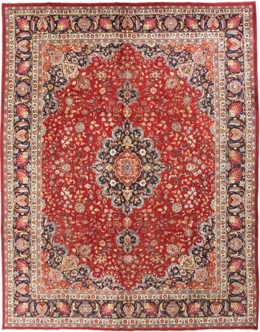 Full view of 2000s Mashad rug from Iran / Persia, 382 × 300 cm in Red tones