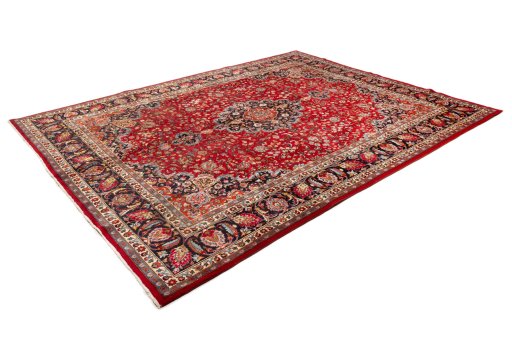 Close-up detail of 2000s Mashad rug from Iran / Persia showing Wool weave