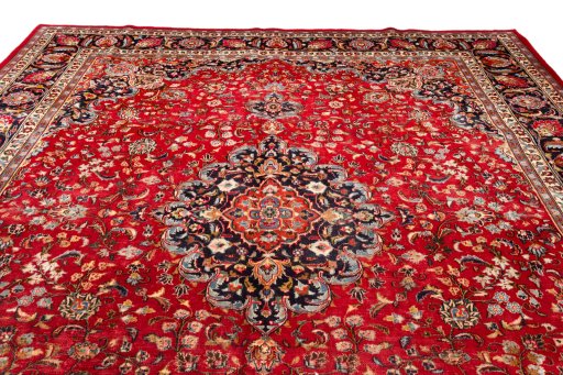 Full view of 2000s Mashad rug from Iran / Persia, 382 × 300 cm in Red tones