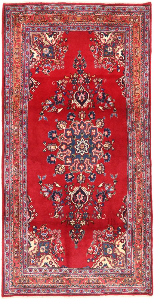 Full view of 2000s Mashad rug from Iran / Persia, 235 × 115 cm in Red tones