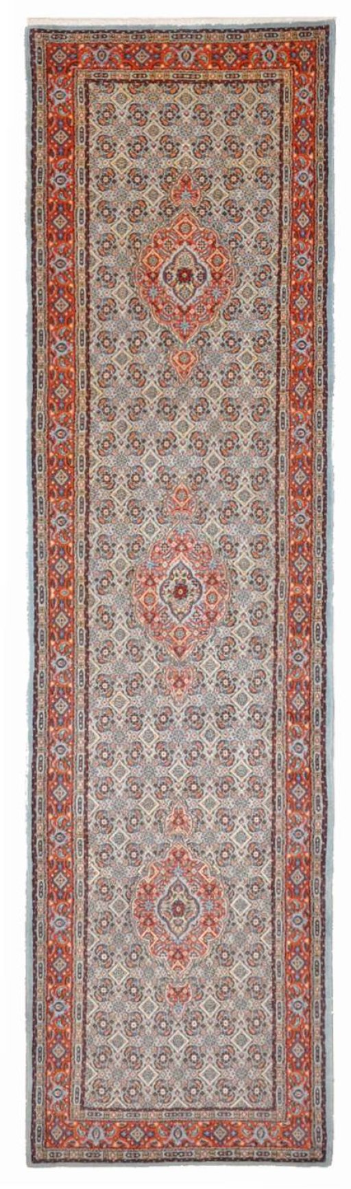Full view of New Moud rug from Iran / Persia, 295 × 77 cm in Green tones