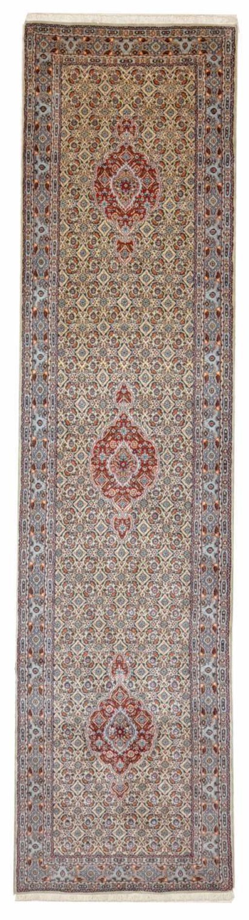 Full view of New Moud rug from Iran / Persia, 298 × 73 cm in Green tones