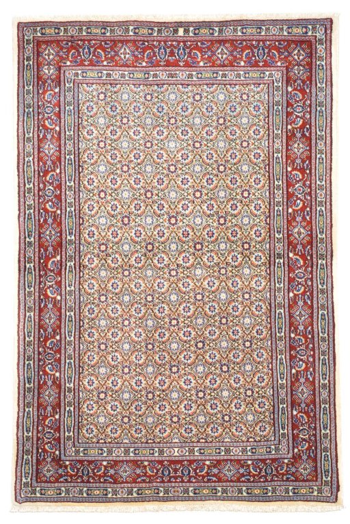 Full view of New Moud rug from Iran / Persia, 148 × 100 cm in Beige tones