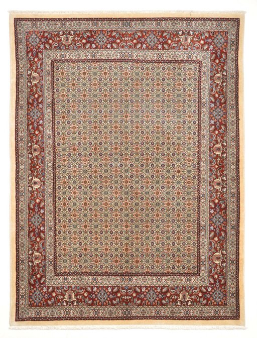Full view of New Moud rug from Iran / Persia, 199 × 149 cm in Beige tones