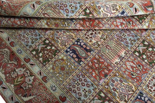 Full view of 2000s Moud rug from Iran / Persia, 300 × 187 cm in Red tones