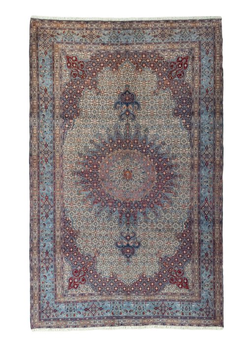 Full view of 2000s Moud rug from Iran / Persia, 315 × 200 cm in Beige tones