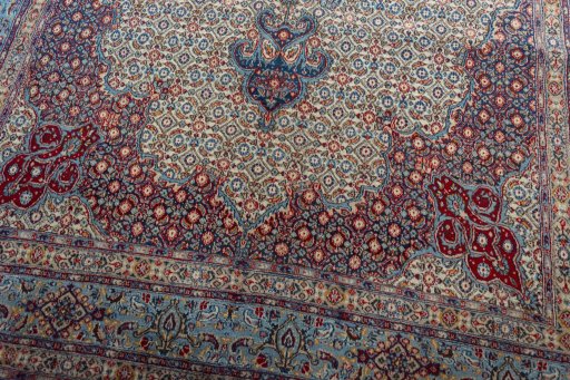 Close-up detail of 2000s Moud rug from Iran / Persia showing Wool weave