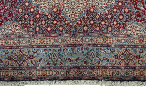Full view of 2000s Moud rug from Iran / Persia, 315 × 200 cm in Beige tones