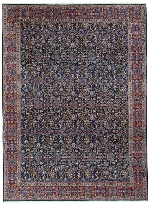 Full view of 1970s Moud rug from Iran / Persia, 338 × 251 cm in Blue tones