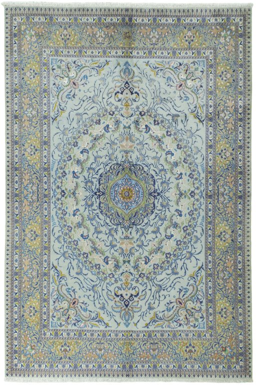 Full view of 2000s Moud rug from Iran / Persia, 290 × 194 cm in Blue tones