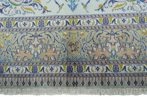 Full view of 2000s Moud rug from Iran / Persia, 290 × 194 cm in Blue tones