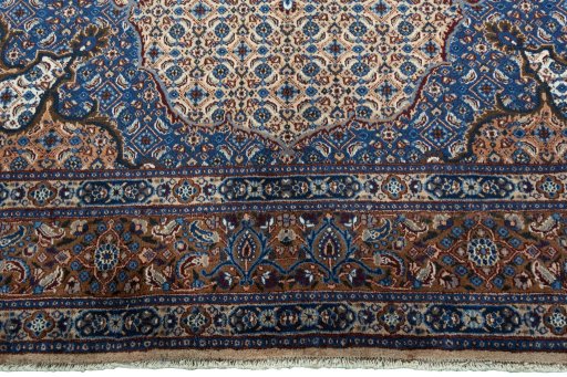 Full view of 2000s Moud rug from Iran / Persia, 300 × 210 cm in Beige tones