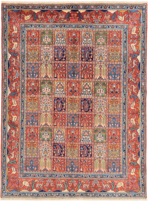 Full view of 2000s Moud rug from Iran / Persia, 200 × 150 cm in Multi Color tones